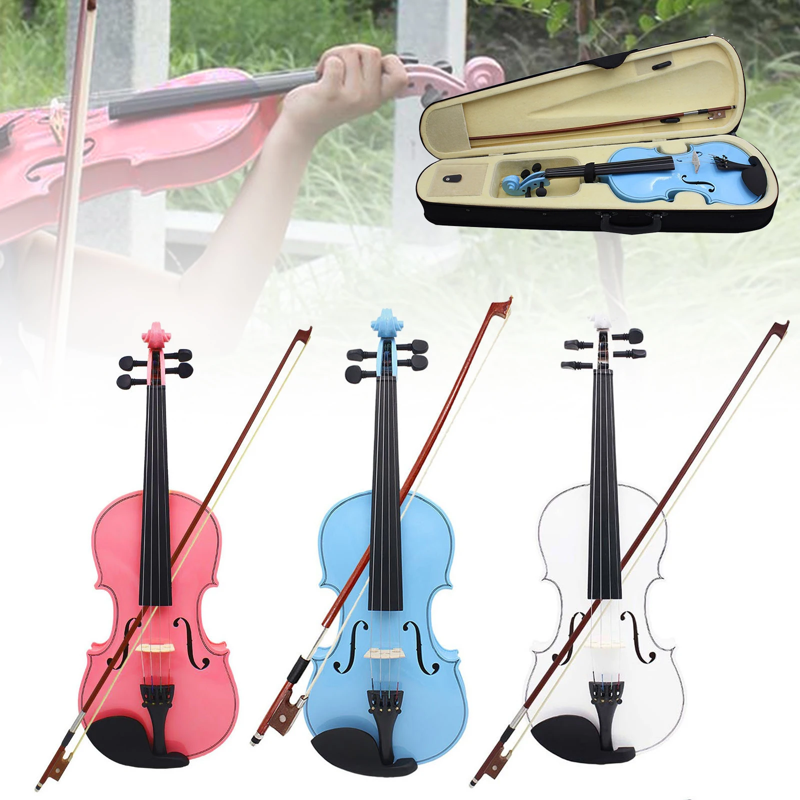 4/4 Full Size Solid Wood Acoustic Violin for Violin Beginner with Bow / Case White / Blue / Pink Color Fiddle