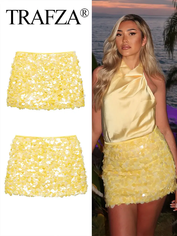 

TRAFZA Women's Sexy Sequin Mini Skirt Yellow High Waist Slim Female Skirts 2025 Summer Chic Elegant Party Holiday Lady Skirt Y2k