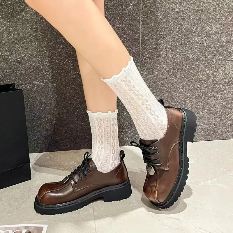 Sapatos casuais e confortáveis com cadarço para mulheres, sapatos redondos, sola grossa, cor mista, novo, outono, 2022