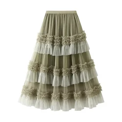 Autumn and Winter New Color Scheme Fashionable Dress for Women Big Swing Yarn Skirt Sweet Lace Pleated Edge Dancing Skirt 1391