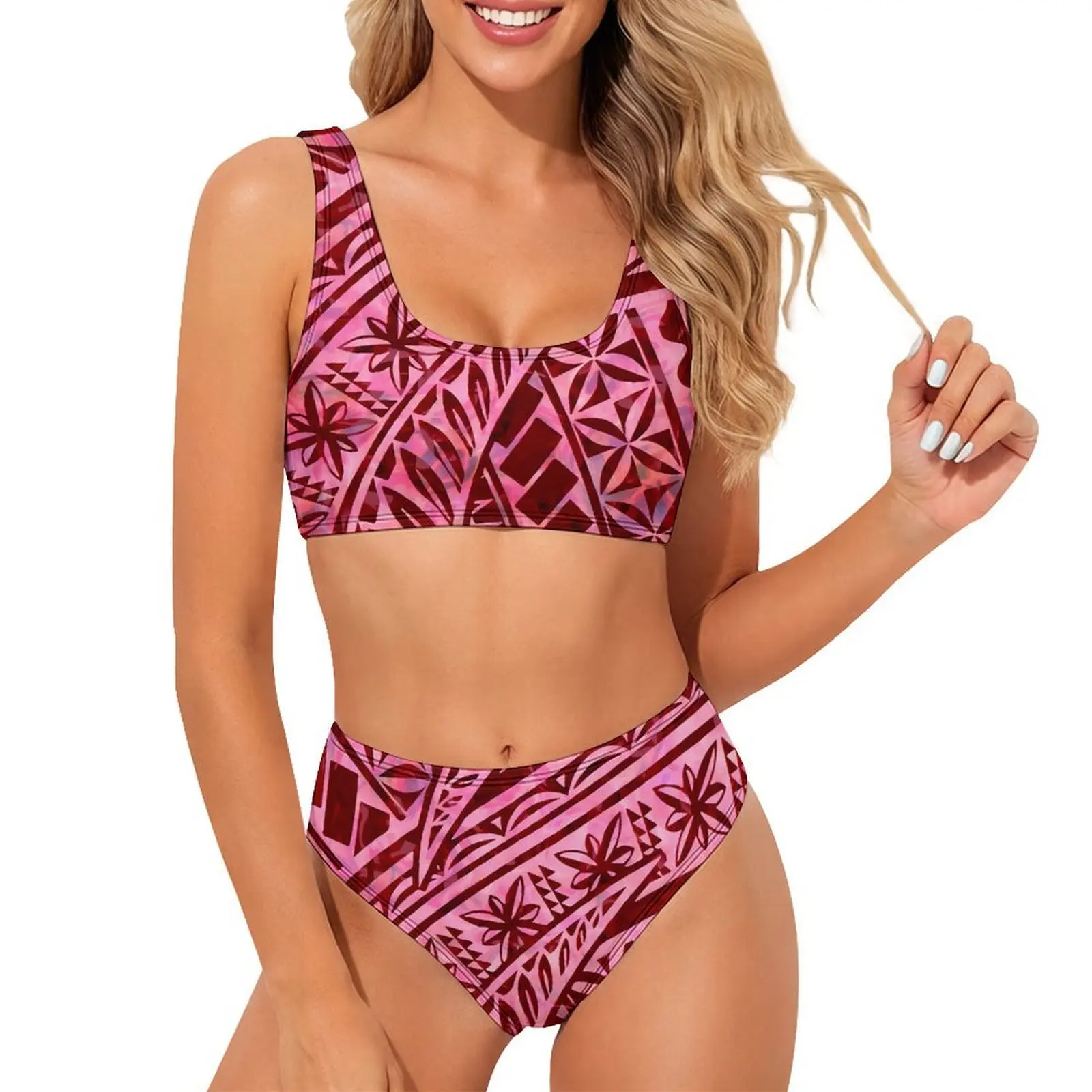 Tribal-Style Customizable Floral-Print Polynesian Island Beach Women'S Bikini And Sporty Beach Swimsuit Set