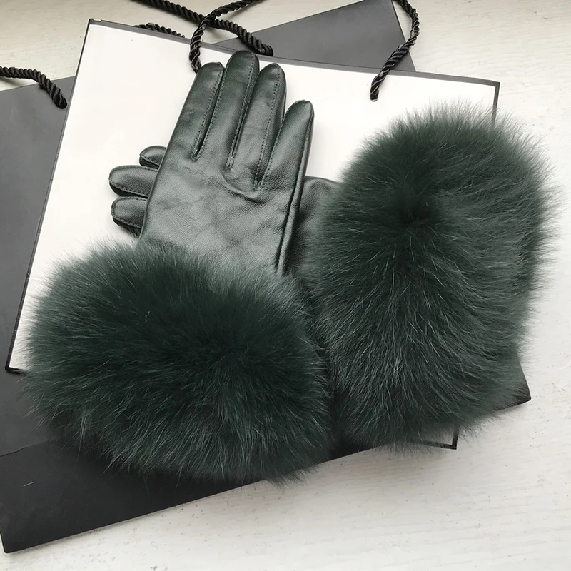 Dark Green Sheepskin Gloves Elegant Soft Real Leather Windproof Warm For Women Fluffy Big Fox Fur Lambskin Gloves Drive Outdoor