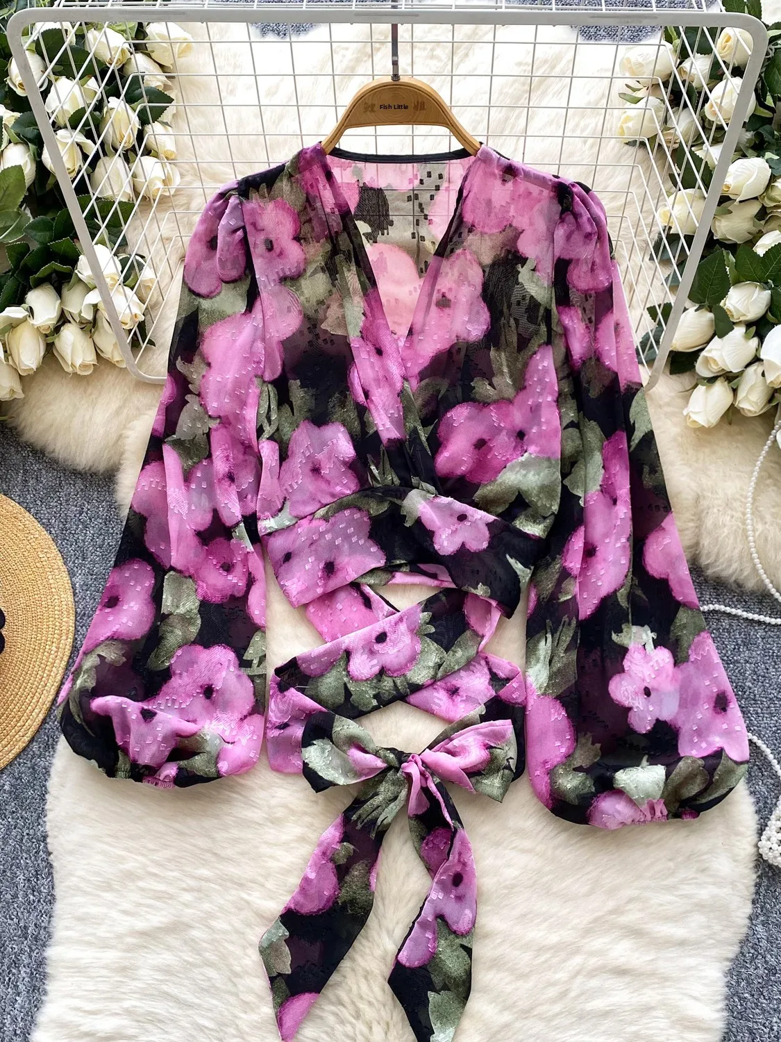 

Spicy Girl Print Bubble Sve irt Women's Summer Cross Ne Tie Waist Sexy Luxury Pure Desire Top Korean Sle Loose Fit
