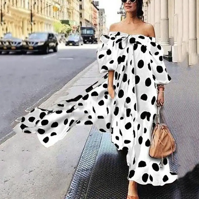 Women's Polka Dot Dress with Shoulder Princess Sleeve Loose Waist Batwing Style Citywalk Summer Autumn Fashion Dress