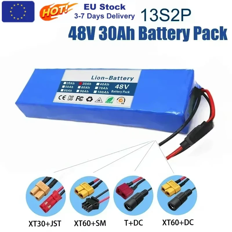 Batteria al Litio 48V 30Ah 18650 13S2P 1000W ad Alta Potenza 54.6V 30000mAh con BMS + Fusibile