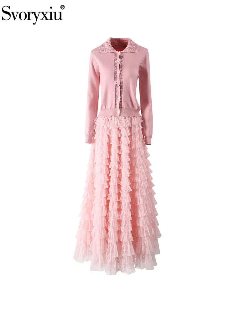 

Svoryxiu Spring Fashion Pink Elegant Long Skirt Suit Women's Crystal Turn-down Collar Long Sleeve Tops+Cascading Flounces Skirt