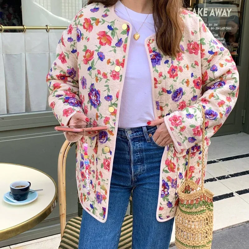 TRAF Woman\'s Quilted Jacket Spring 2024 Print Crop Coat O-Neck Long Sleeves Top New In Coat Elegant Quilted Jacket New Arrivals