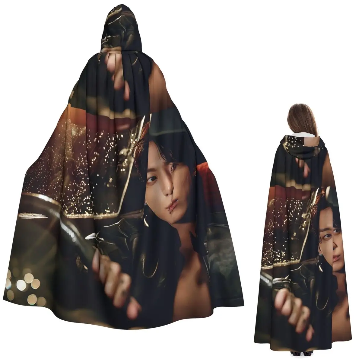 

Jungkook Driving Vogue Long Hooded Cloak Witch Medieval Costume Cosplay Cape HalloweenParty Adult Unisex