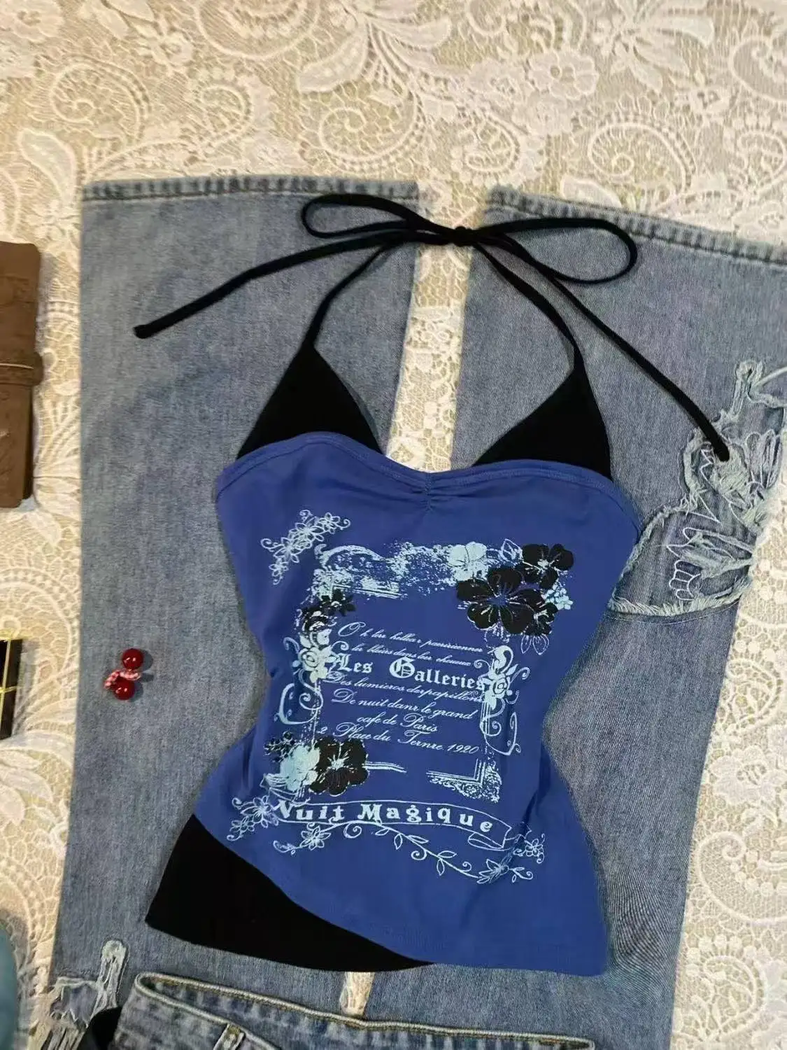 Y2k Sexy Crop Top Goth Vintage Slim Halter Letter Print Woman Clothing Off Shoulder Punk 90s Fake 2 Pieces American Harajuku Tee