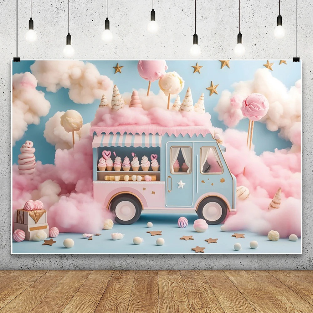 รถบรรทุกไอศกรีมเมฆสีชมพูการถ่ายภาพพื้นหลังร้านขนมหวาน Dreamy ดาวสาววันเกิดเค้ก Smash Photocall ฉากหลัง