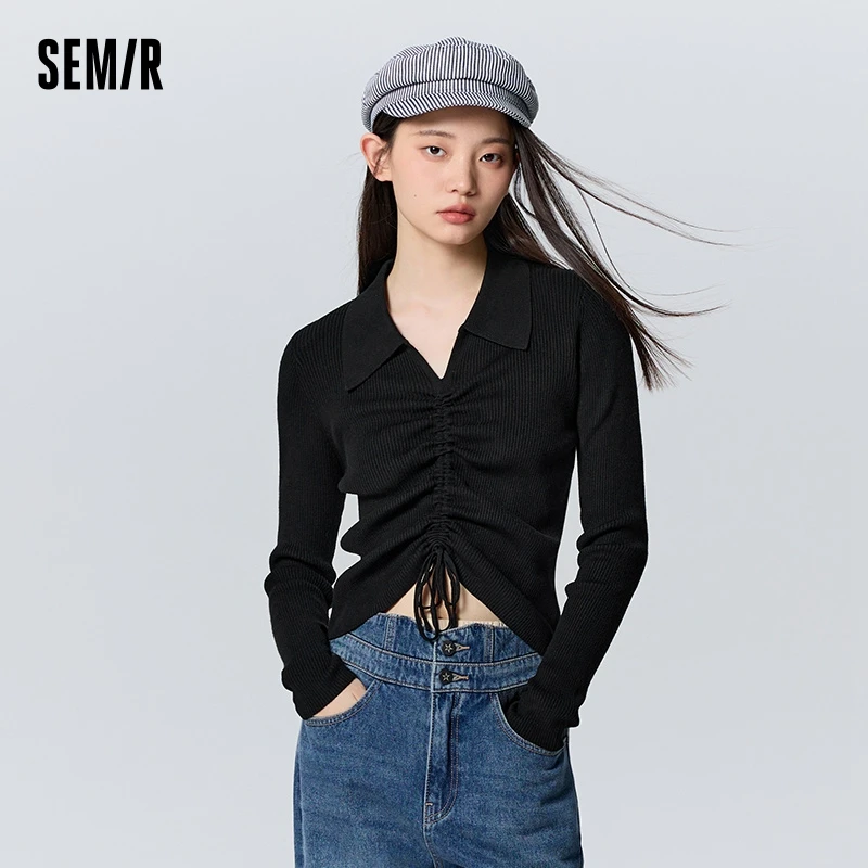 

Semir Sweater Women Short Polo Collar Solid Color Slimming Winter Drawstring Pullover