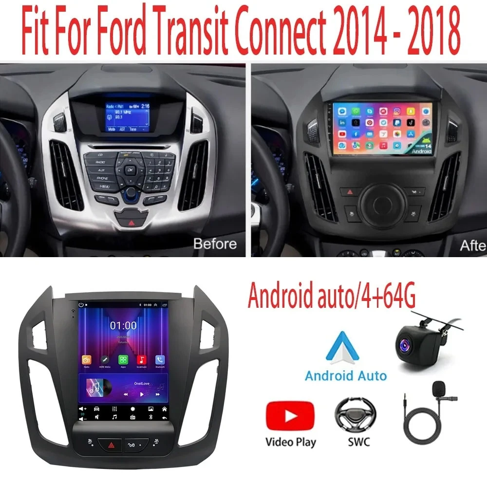 

9.7in Car Stereo Radio For Carplay GPS Navigation For Ford Transit Connect 2014 - 2018 Android 14 Android auto/4+64G+AHD camera