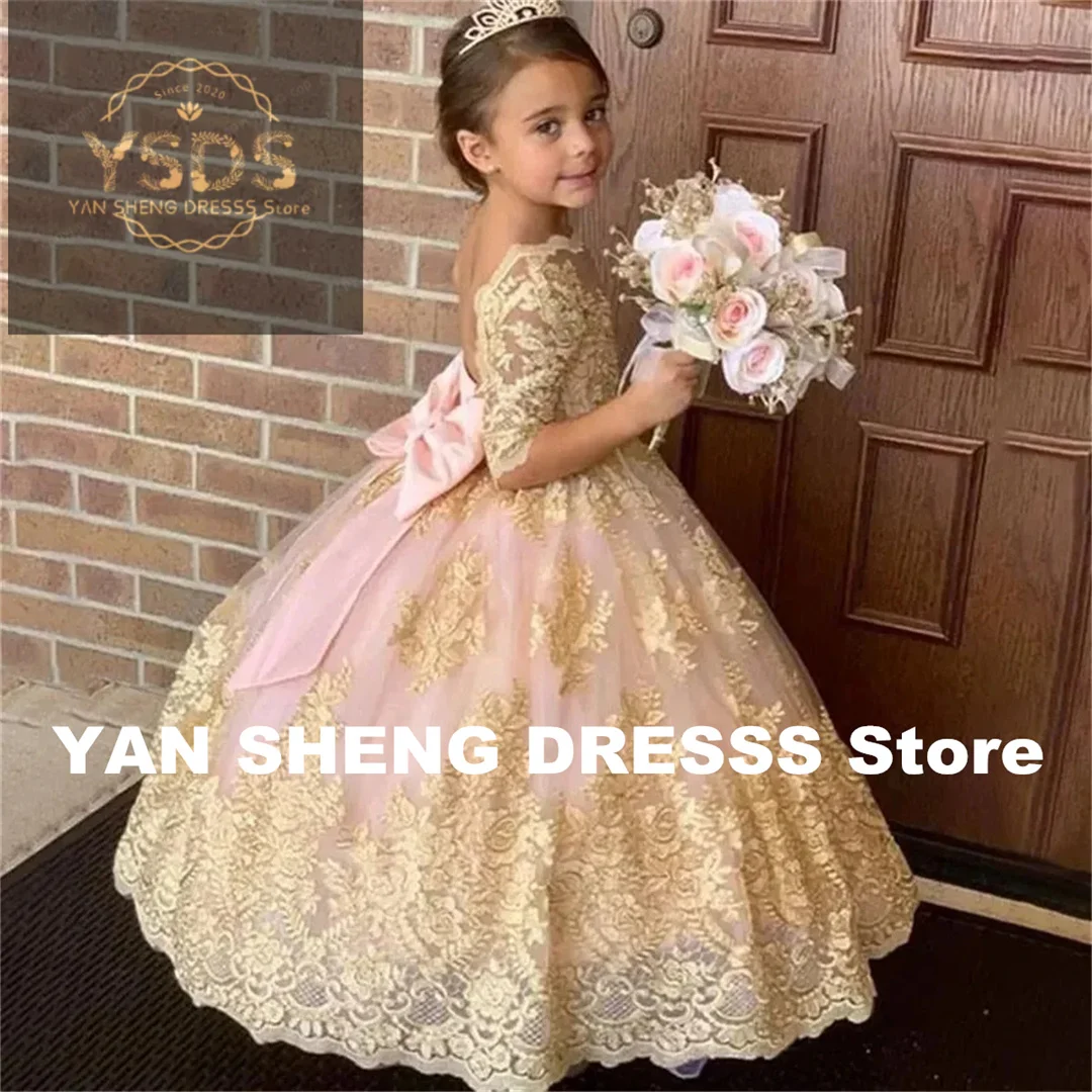 

Girls Princess Pageant Dresses With Satin Bow Gold Lace Appliques Flower Girl Dress Half Sleeves Open Back Wedding Party Gowns