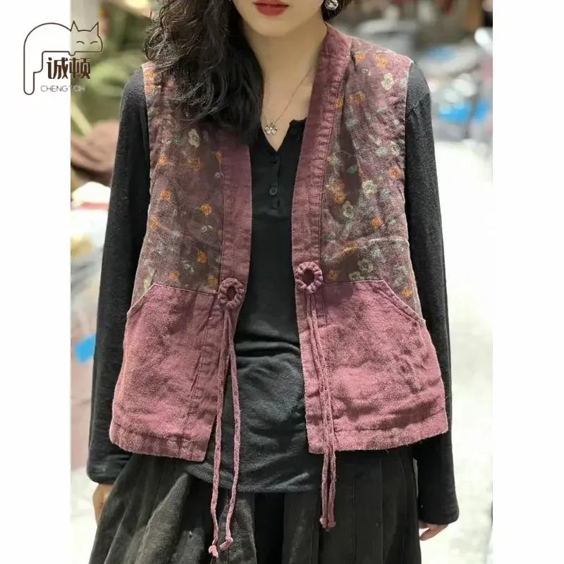 Women Vintage Chinese Style Floral Print Linen Cotton Vest Autumn Sleeveless Frog Button Drawstring Waistcoat Layering Outerwear