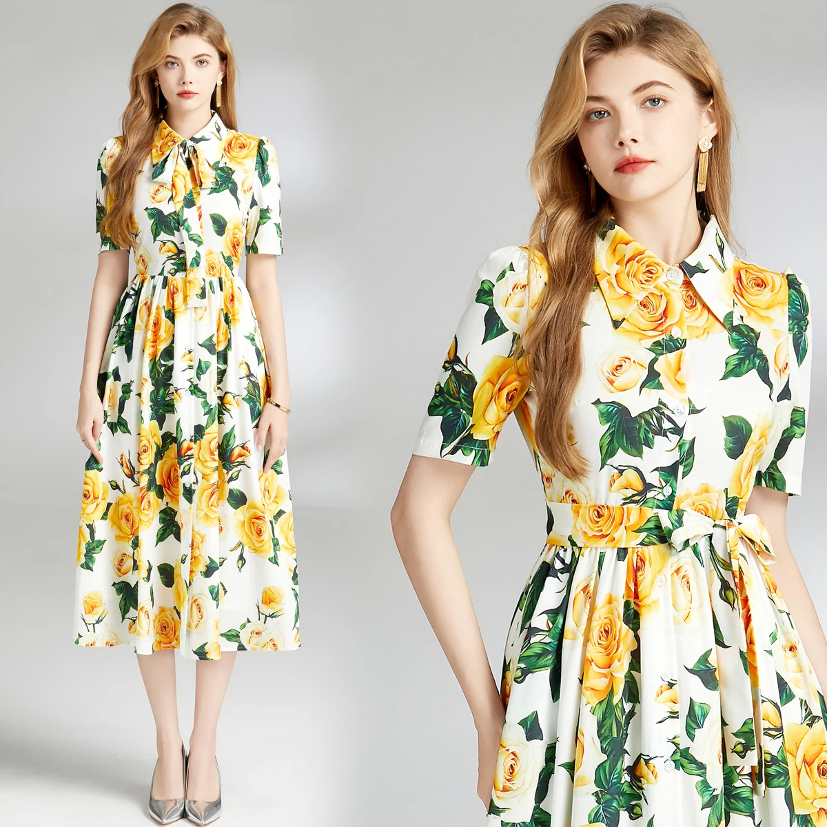

Summer Runway Shirt Dress Women's Lapel Yellow Rose Printed Single Breasted Lace Up Belt Short Sleeve Midi Long Vestidos 6838