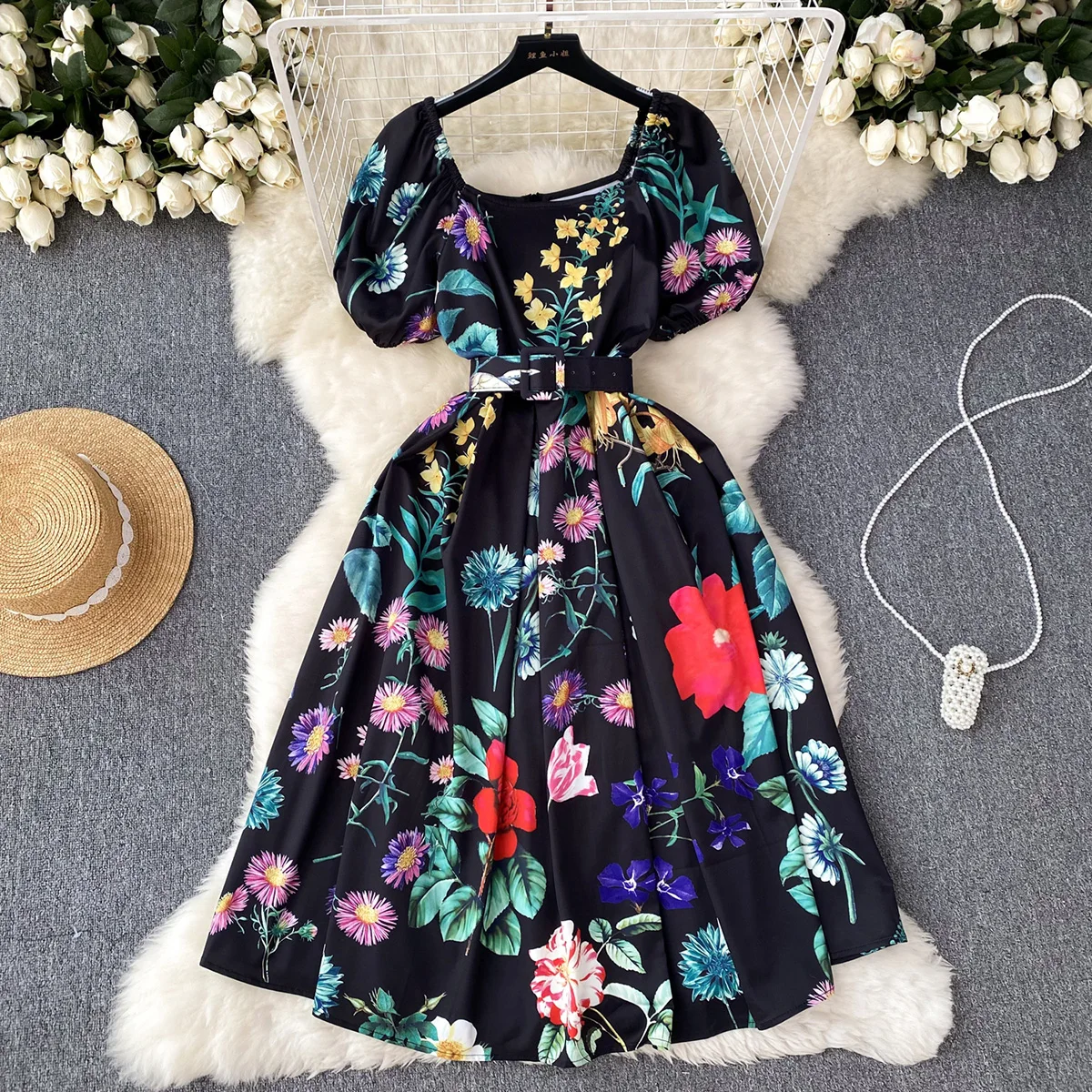 Summer Clothes For Women Dresses 2023 Party Elegant Vintage Print Dress Square Neck Short Puff Sleeve Midi Dress With Belt