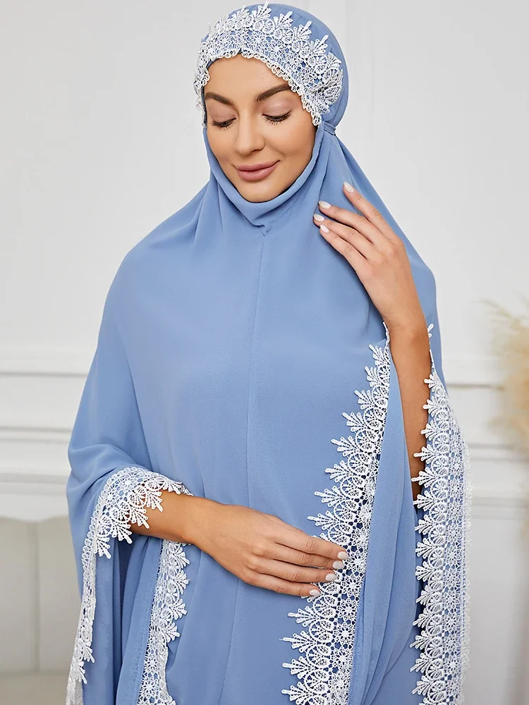 Ramadan Khimar Abaya Muslim Women Prayer Garment Dubai Saudi Prayer Dress Lace Trim Silky 2 Piece Skirt Sets Eid Niqab jilbab