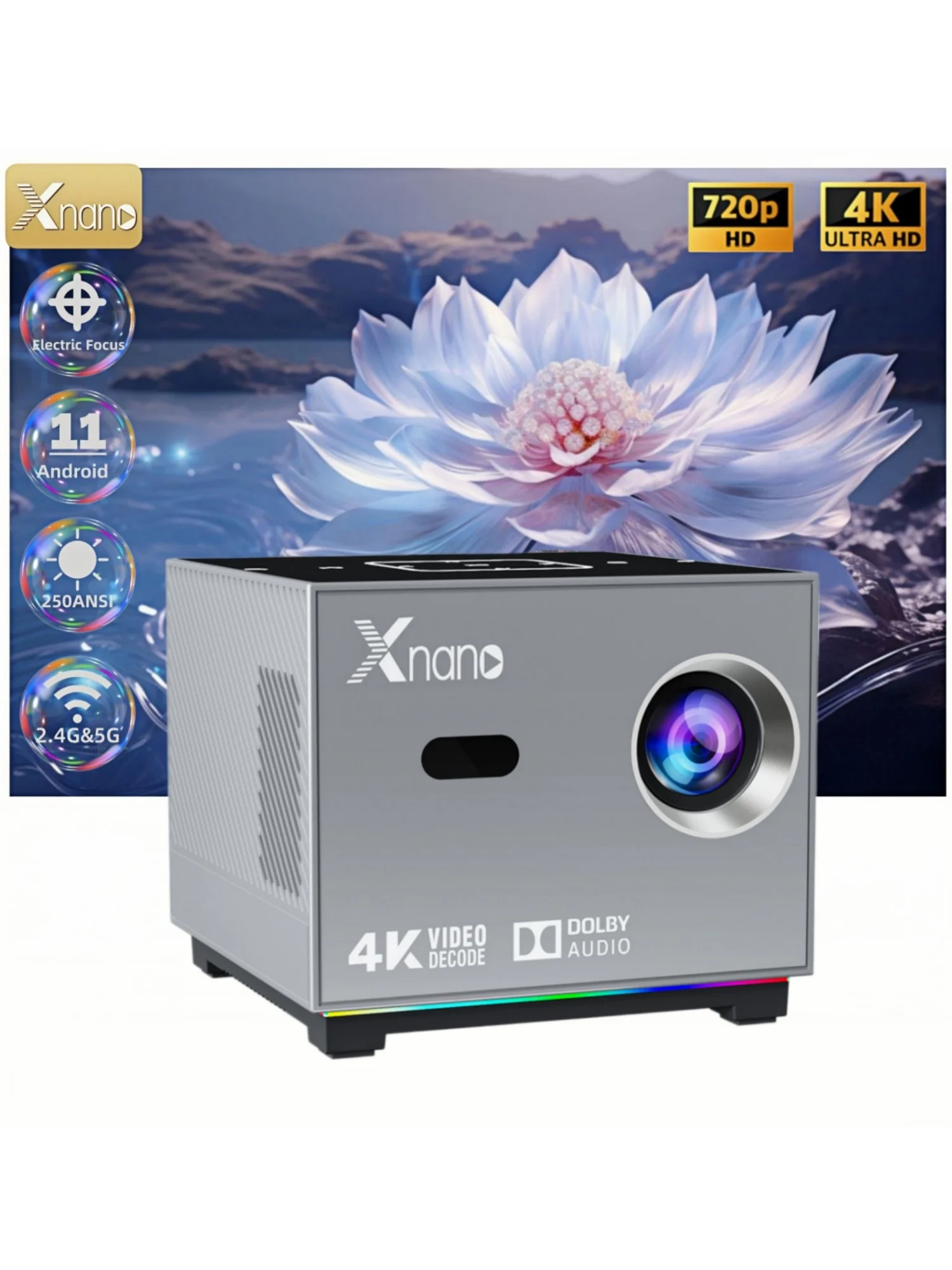 Xnano X3 Tragbarer Projektor 250ANSI Native 720P Unterstützt 4K Elektrischer Fokus Auto-Keystone Android 11 Dual-WLAN Bluetooth ARGB-Licht Heimkino-Beamer für Schlafzimmer Gaming und Streaming