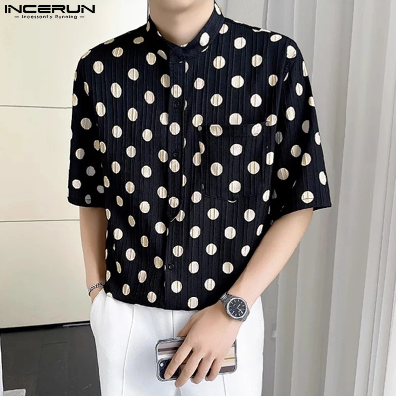 

Винтажная мужская рубашка INCERUN, модная летняя рубашка в горошек с коротким рукавом, мужские топы, уличная мужская одежда, футболка большого размера S-5XL
