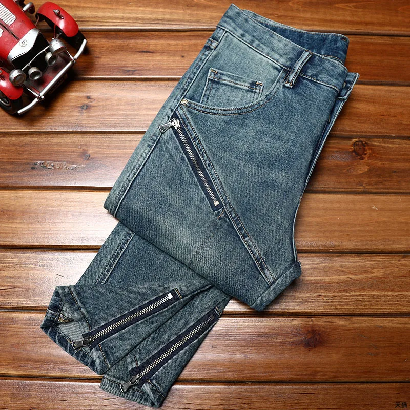 Street style zipper design motorcycle jeans for men trendy wild stretch slim fit skinny 2024 New retro trousers men