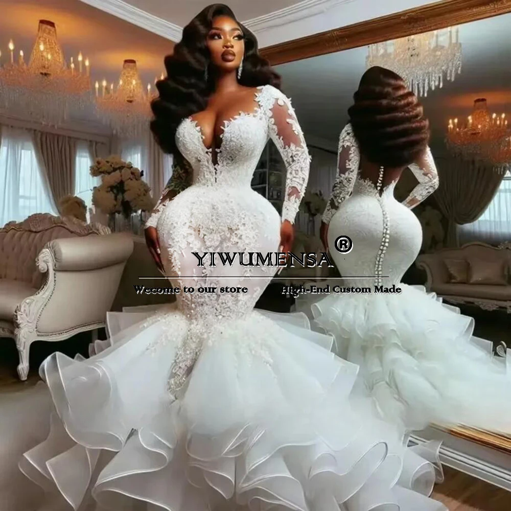 

Customized Illusion Tulle Tiered Wedding Gowns Lace Appliques Mermaid Bridal Dresses Long Sleeves Bride Formal Party Clothing