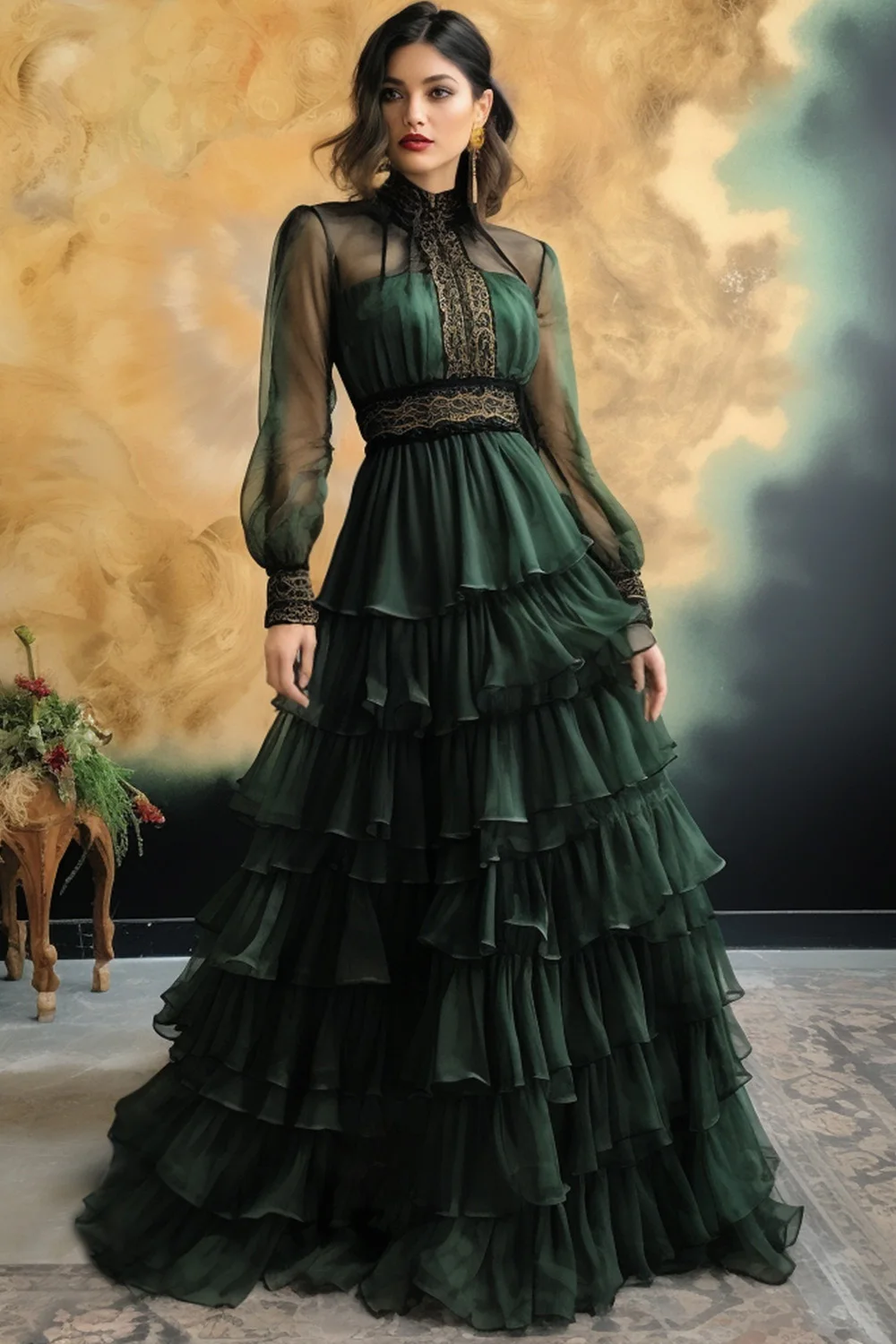 

Women's Formal Dress Dark Green Mesh See-Through Long Sleeve Layered Maxi Dress