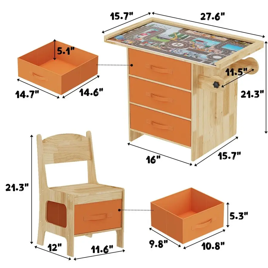 طقم طاولة وكرسي خشبي للأطفال 3 في 1 طاولة خشبية للأطفال الصغار مع مساحة تخزين، مكتب قراءة رسم للأطفال، مع أدراج تخزين #5
