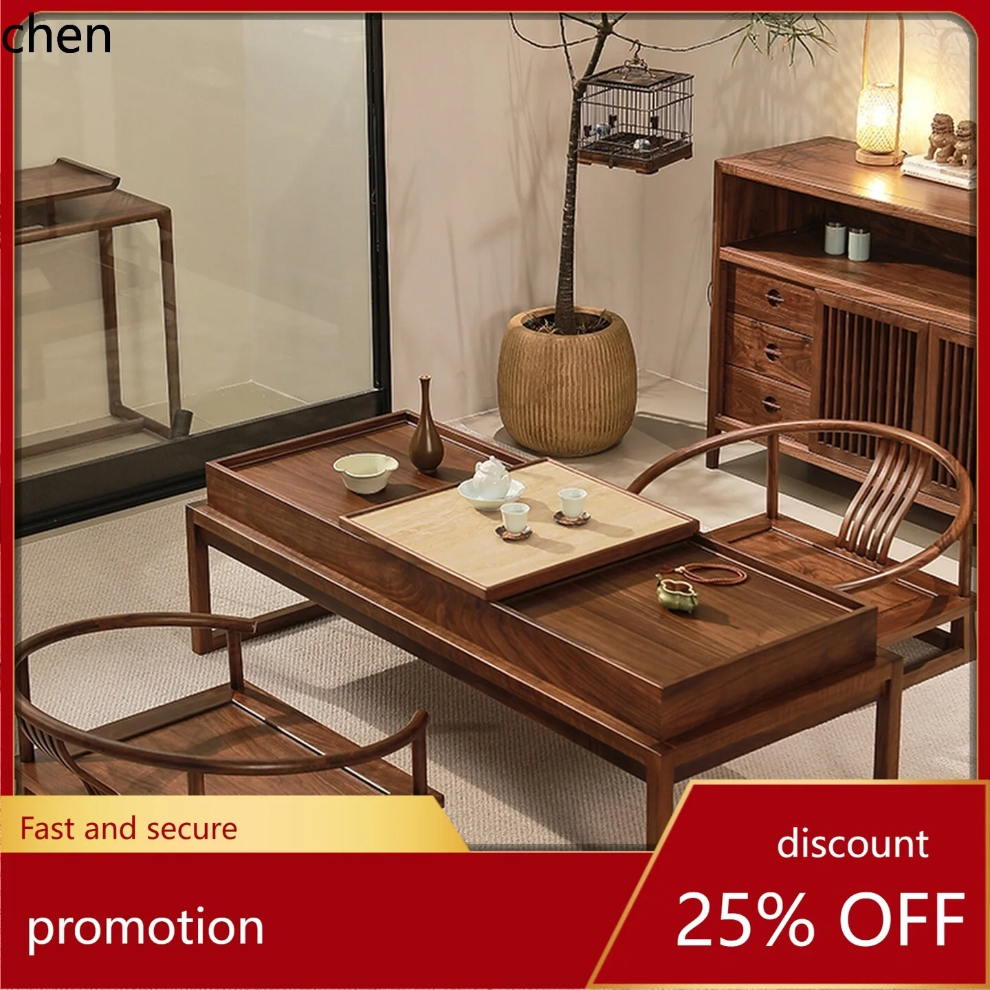 

CZ Black Walnut Wood Tea Table Solid Wood Low Table Zen Style Storage Tatami Tea Table
