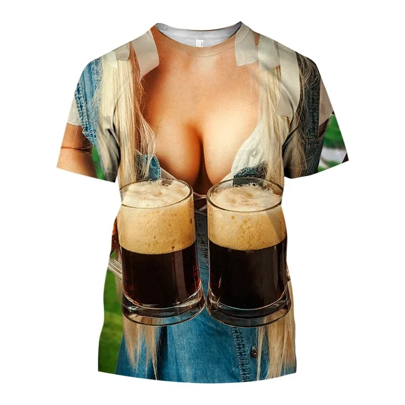 Summer Man Street Personality Pop Hip Hop Funny Beer Beauty Fun 3d Printed Round Neck Loose Breathable Short Sleeve T-Shirt