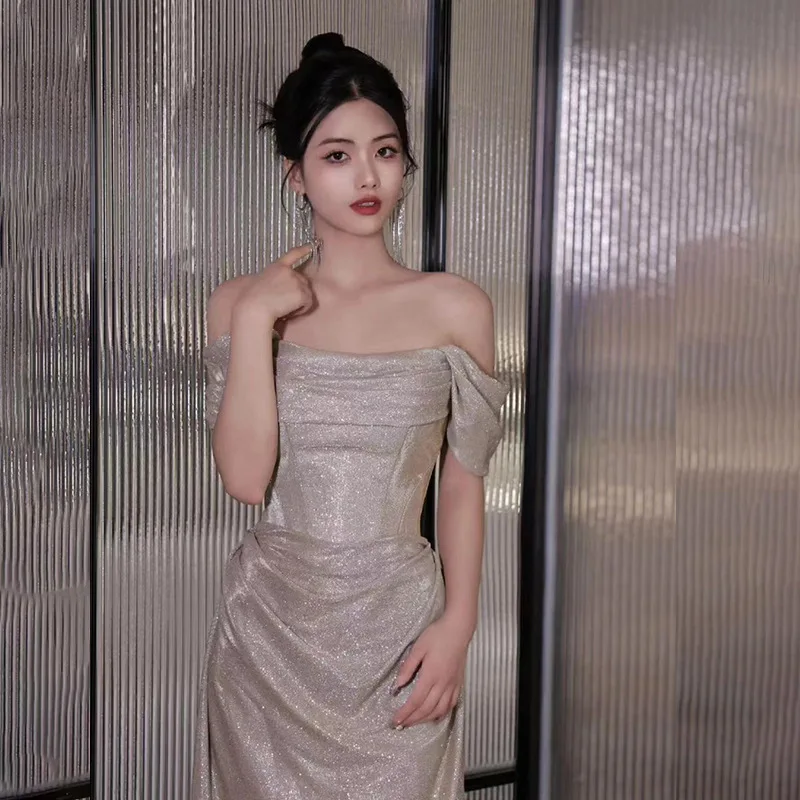 ประกายเลดี้ชุดราตรีเซ็กซี่ปิดไหล่ชุดแต่งงานชุดราตรีอารมณ์สง่างามชุดสตรี Vestidos