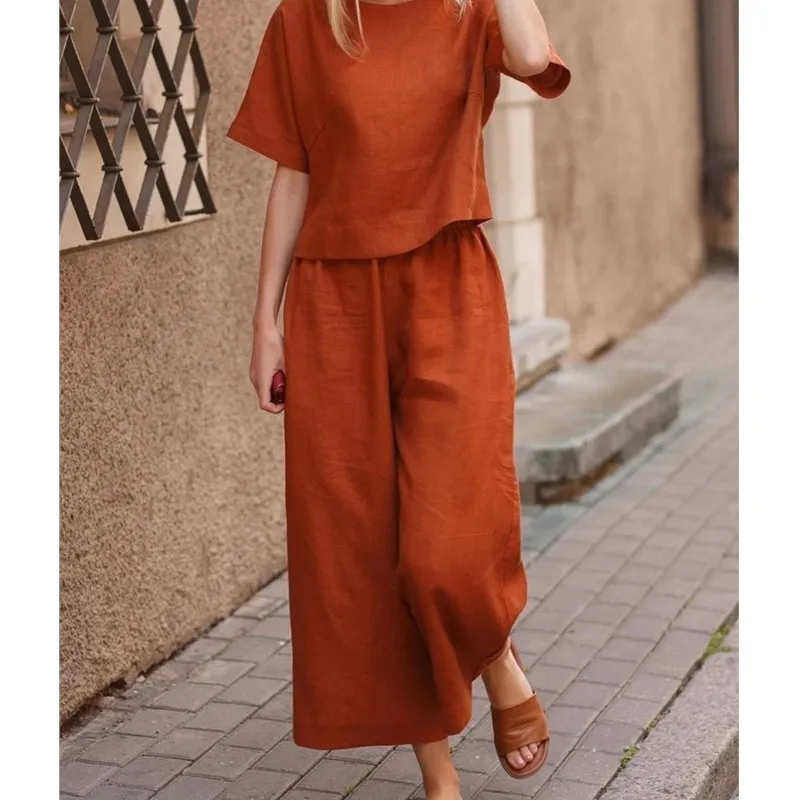 Women\'s Short Sleeve Shirt Top Wide Leg Pants Two Piece Set 2024 Fashion Summer Product Casual Hoodie Loose Solid Color Ladies