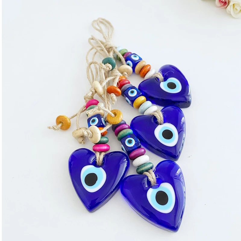 Lucky Eye Glass Star Heart Shape Pendant Wall Hanging Keychain Braided Rope Evil Eye Bead Key Chain Car Keyring for Women Gift