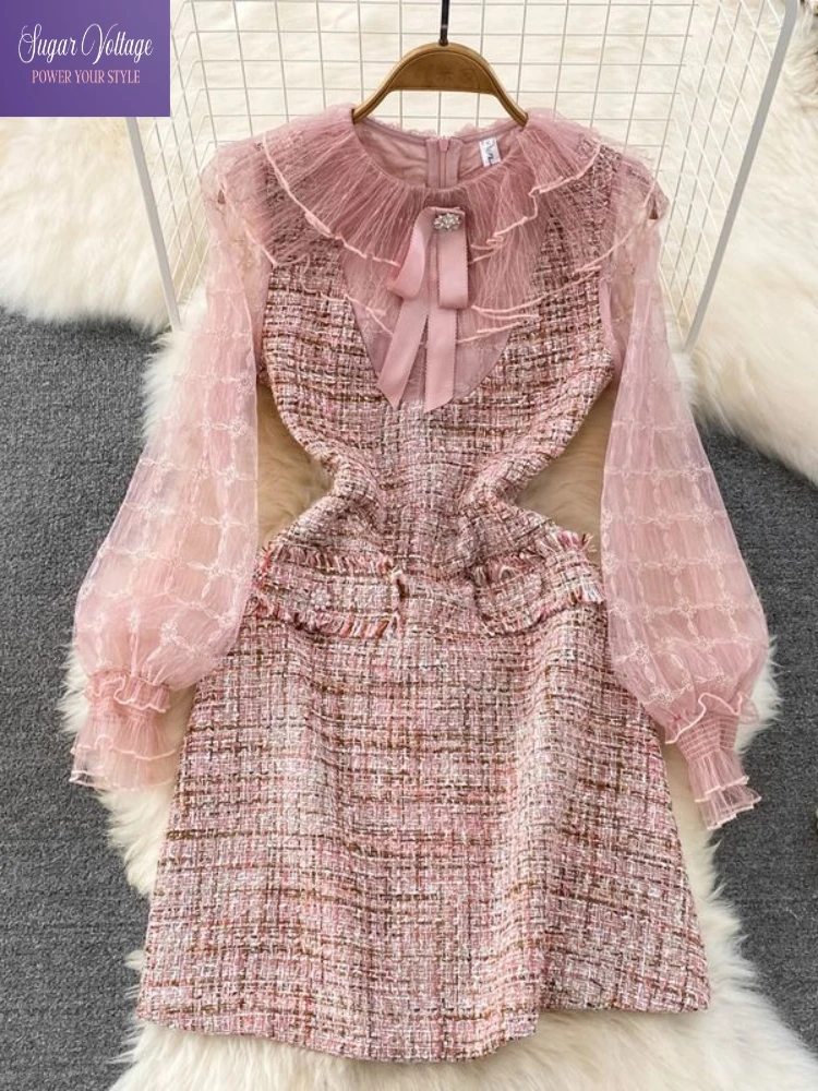 Elegancka francuska sukienka z tweedu z siateczkowymi wstawkami, damska sukienka vintage w kształcie litery A, mini, z falbankami przy kołnierzyku, kokardą i długim rękawem, nowa jesienna kolekcja.