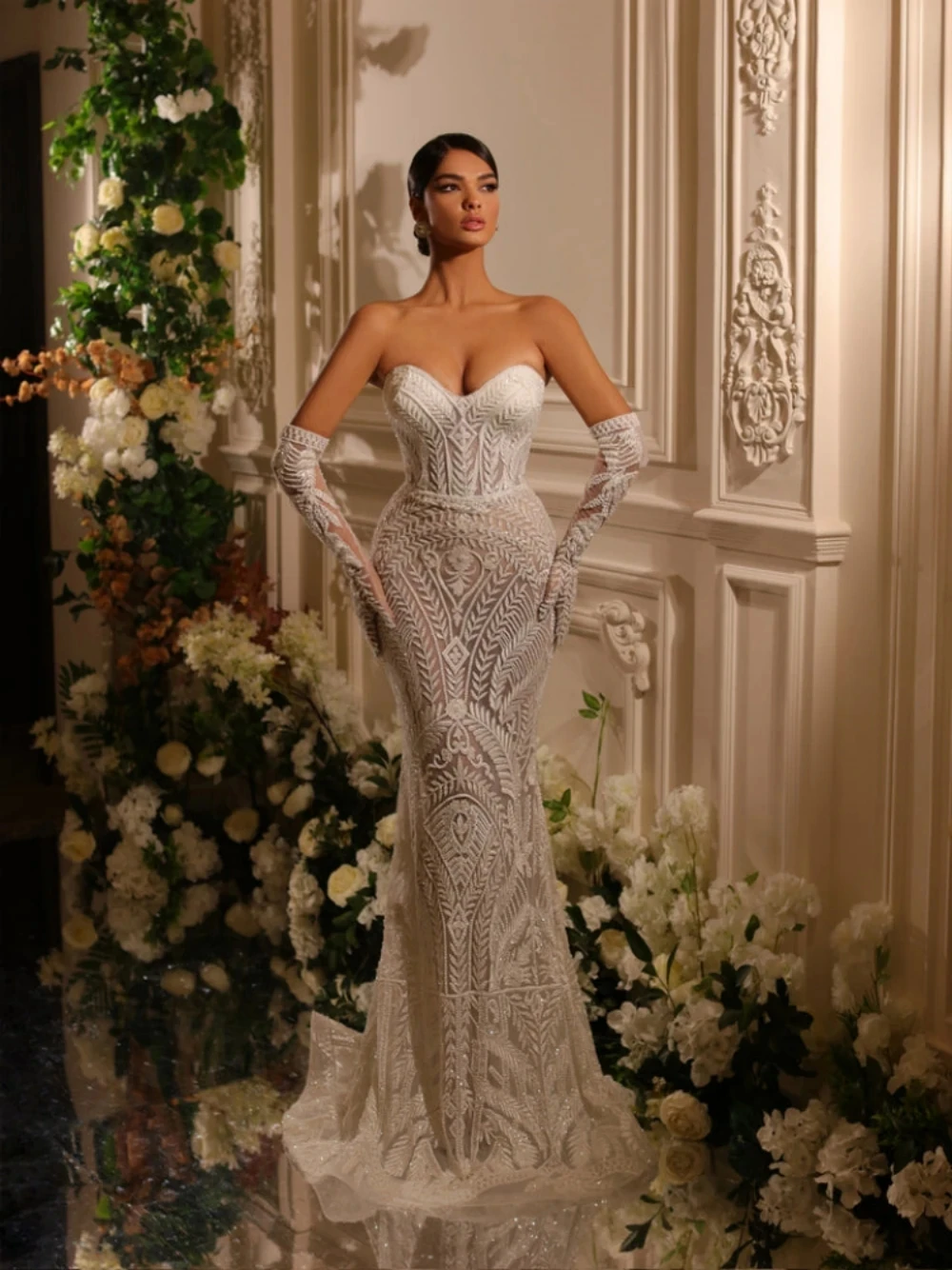 Luxury Mermaid Wedding Dresses Detachable Train Lace Sequine Strapless Bridal Gowns Custom Made Robes De Mariée