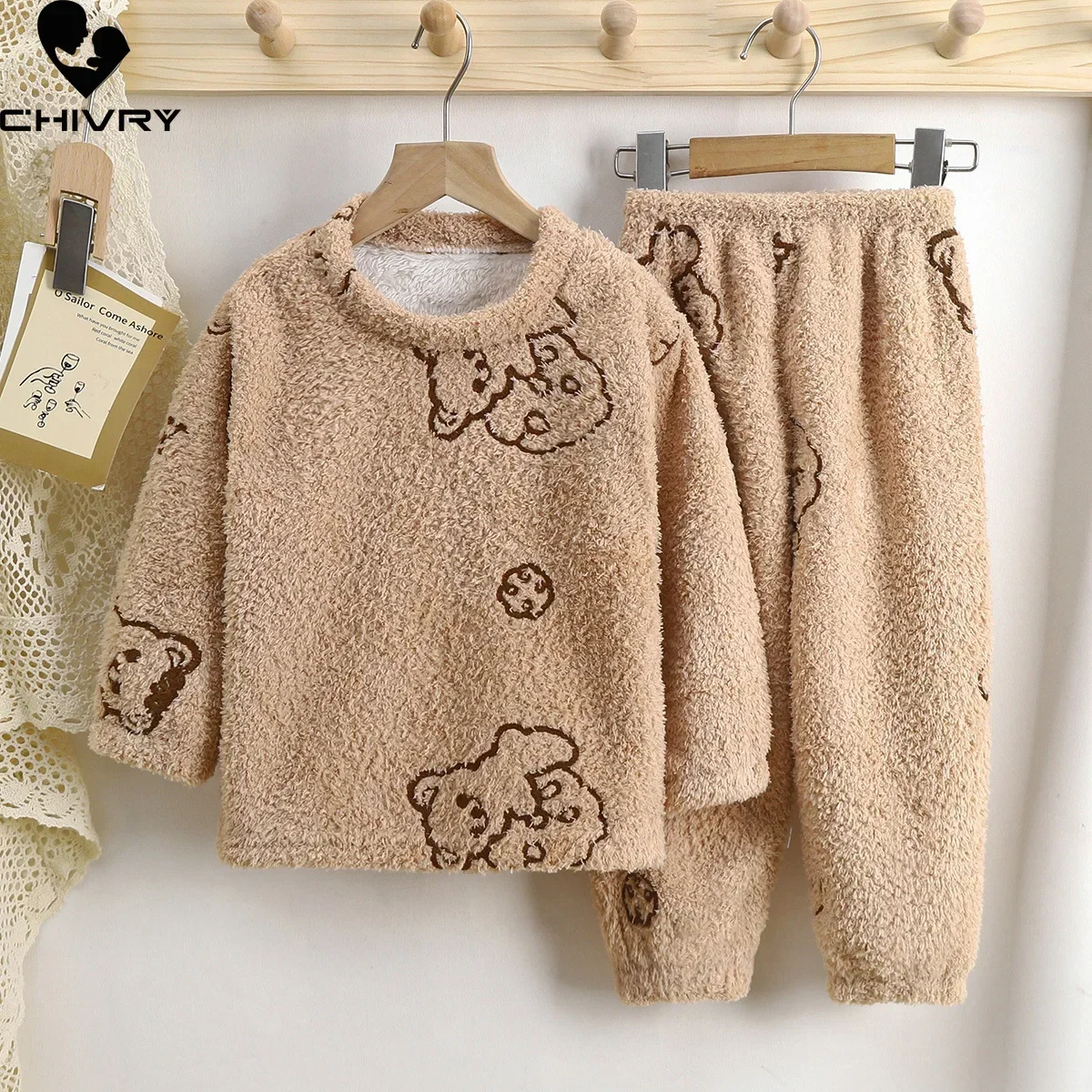 Ensemble de pyjama épais et chaud à col rond pour enfants, vêtements de nuit mignons pour tout-petits, vêtements de dessin animé pour bébés garçons