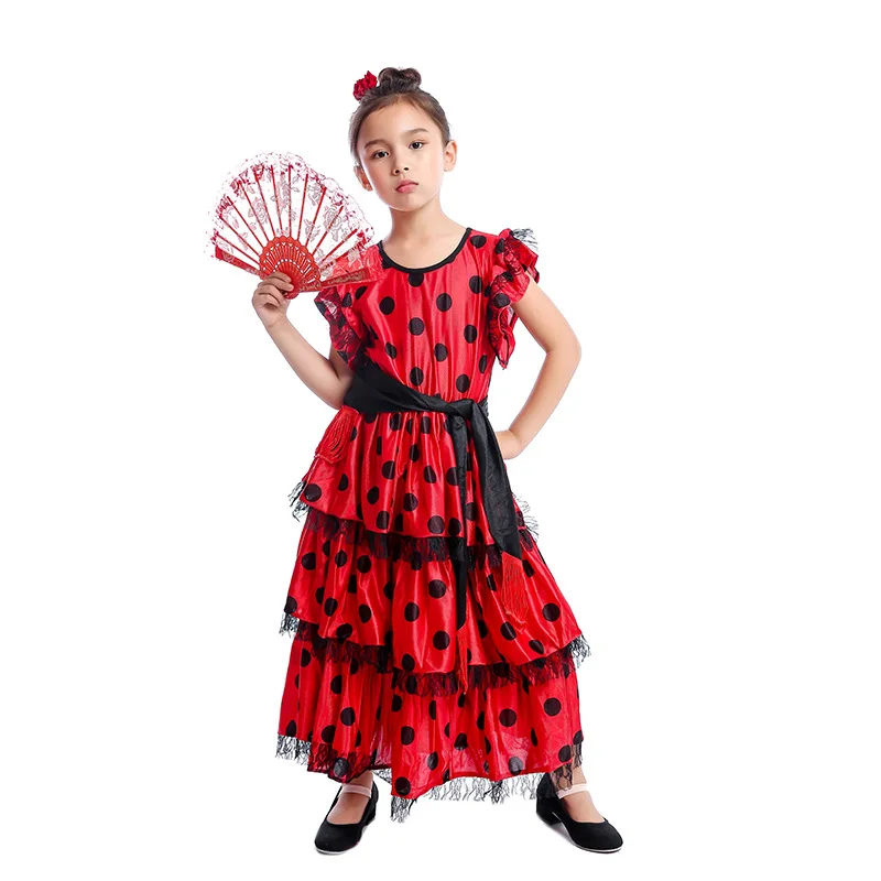 Spanish National Senorita Girls Traditional Flamenco Dancer Cosplay Kids Ethnic Fancy-Dress Costume