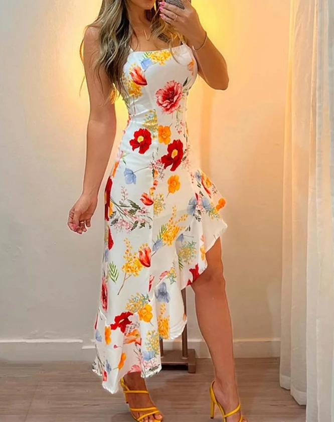 

Elegant Sexy Women 2024 Sweet and Fresh Style Long Skirt Square Neck Floral Print Asymmetrical Hem Ruffles Daily Vacation Dress