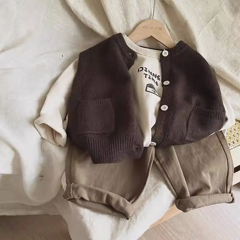 

Fashion Toddle Boys Clothes Autumn Spring Cute Knit Vest+TShirt+Loose Pants 3Pcs Korean Kids Casual Handsome Retro Clothes