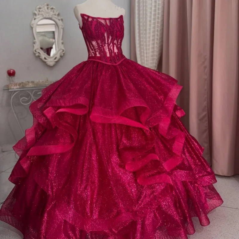 Shiny Rose Pink Quinceanera Dresses Off the Shoulder Glitter Decal Lace Layering Long tail Vestido e 15 Quinceanera Customize