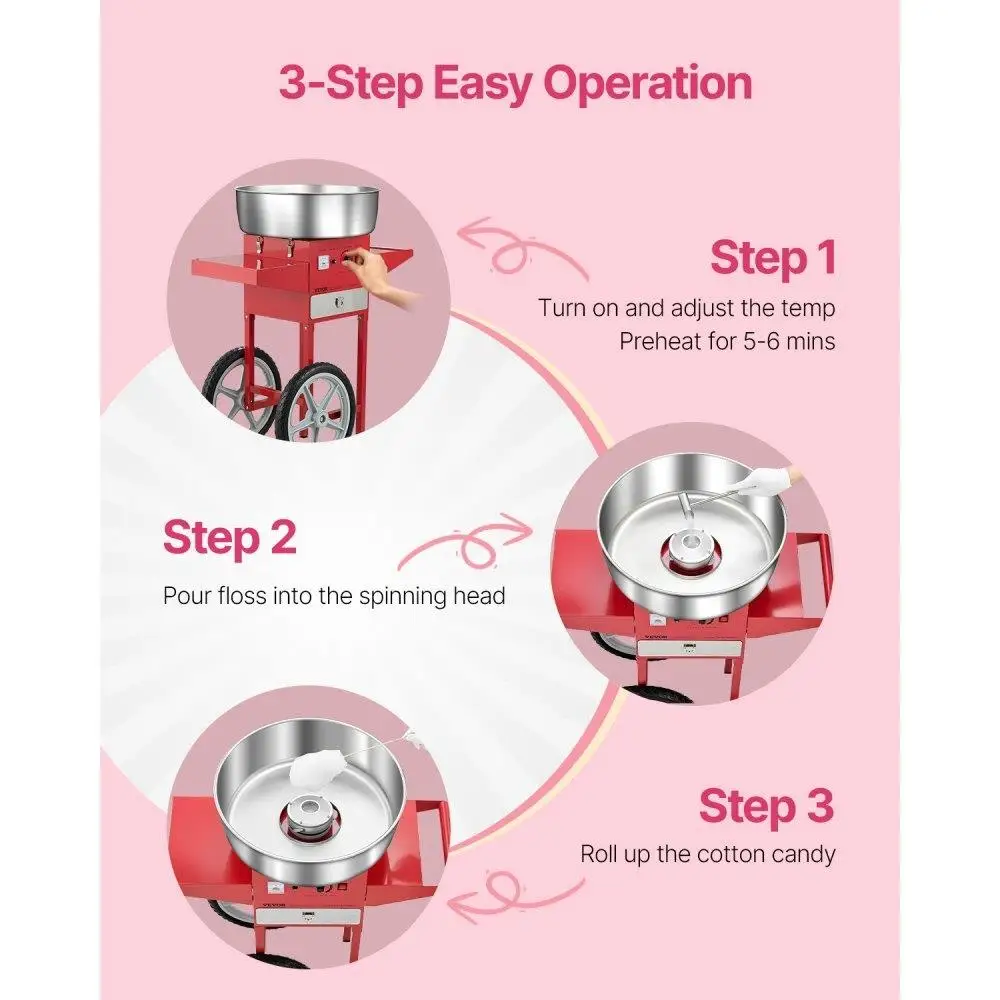 Commercial Cotton Candy Maker Machine with Cart for Parties 1000W Red Floss Machine Fun Treats for Events