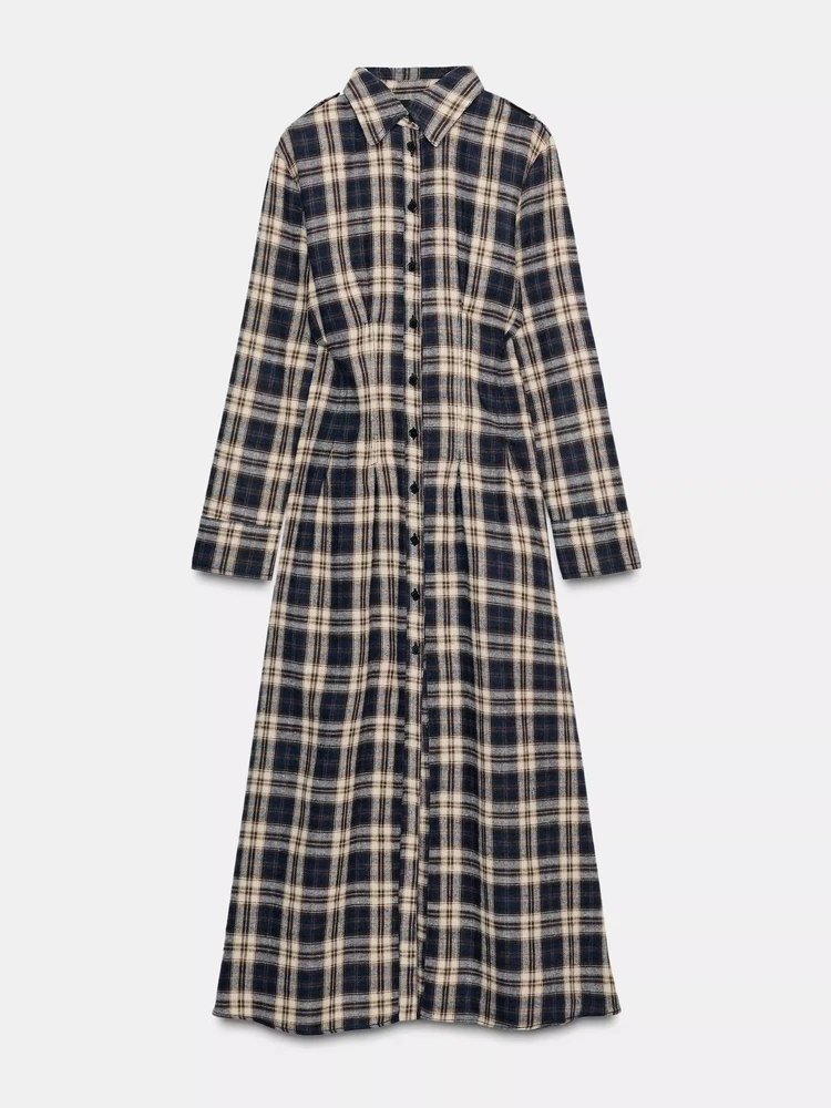 Herfst Winter Nieuwe Collectie Lange Gevouwen Kraag Plaid Midi irt Dr vrouwen Pendelen Faionable Vintage Sle Katoenmix