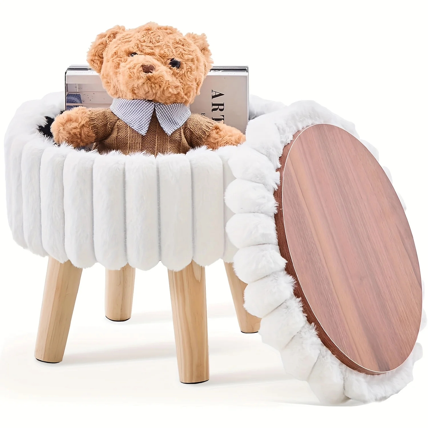 

Customizable Velvet Round Ottoman with Wood Legs - Multifunctional Footrest, Stool & Table for Living Room.