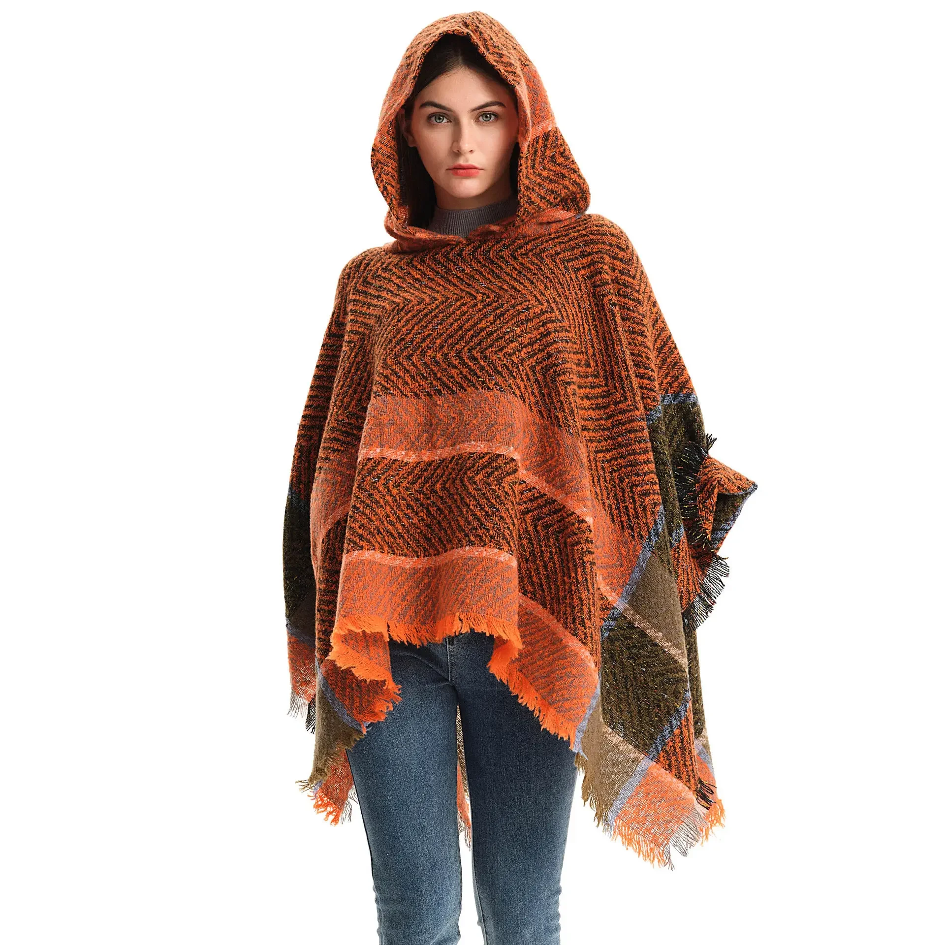 Gothic Women Spring Autumn Winter Herringbone Pattern Ladies Hooded Shawl Pullover Cloak Scarf Warm Hooded Poncho Cape Sweater