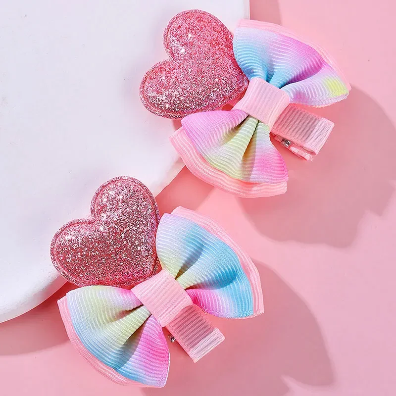 

2Pcs Cute Hair Bow Clips For Baby Girls Glitter Love Heart Hairpins Colorful Grosgrain Ribbon Barrettes Kids Hair Accessories