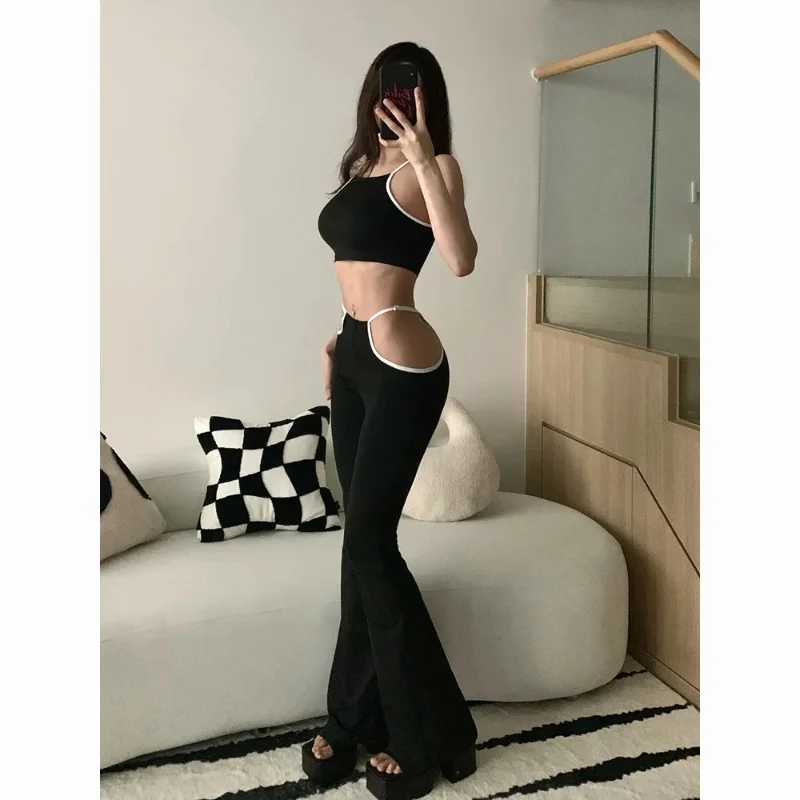 Korean Sexy Side Hollow Low Waist Pants Tops Set Punk Design Slim Trousers America Casual Women Camisole Flared Pants Streetwear