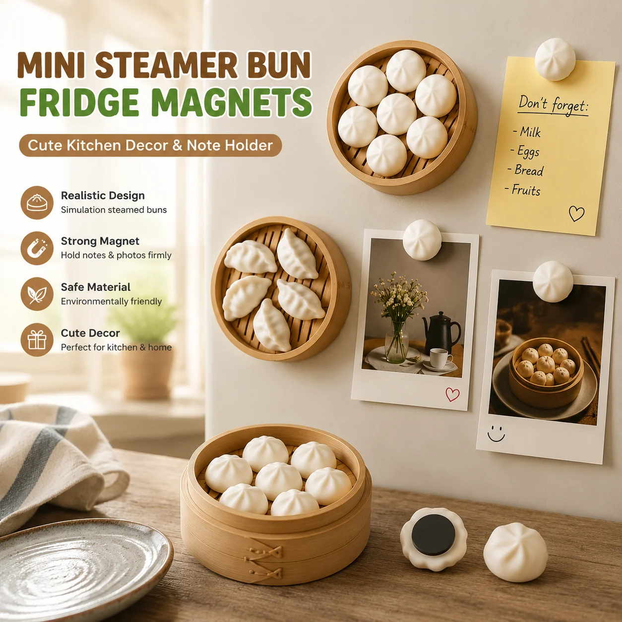 Mini Steamer Bun Fridge Magnet Realistic Dumpling Simulation Food Refrigerator Sticker Magnetic Note Holder Kitchen Home Decor
