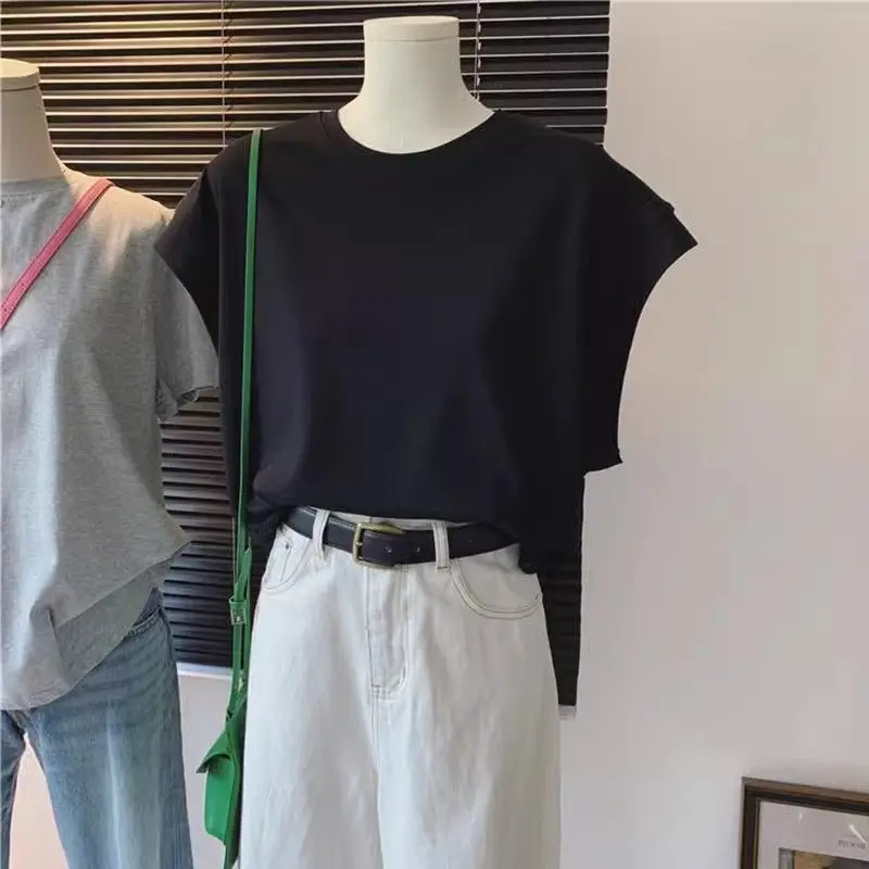 Loose Fit Pure Cotton Short Sleeve T-Shirt Women's Korean Style Summer Vintage Slimming Top Shoulder-Connected Casual Tee