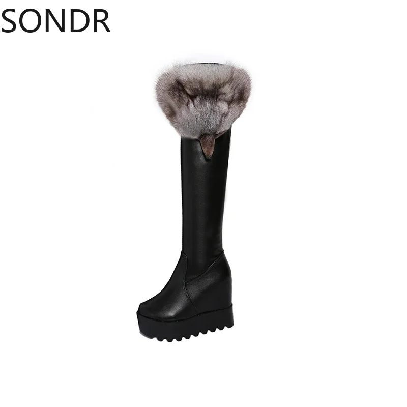 Womens Real Fox Fur Over The Knee Boots Wedge High Heel Platform Shoes Warm Winter Stretchy Black Laides New 2024