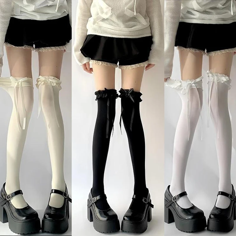 

2 Pairs Bow Women Stockings Cute Elasticity Japanese Style Lolita Lace Long Socks Solid Street Sweet Girl Thin Over Knee Socks