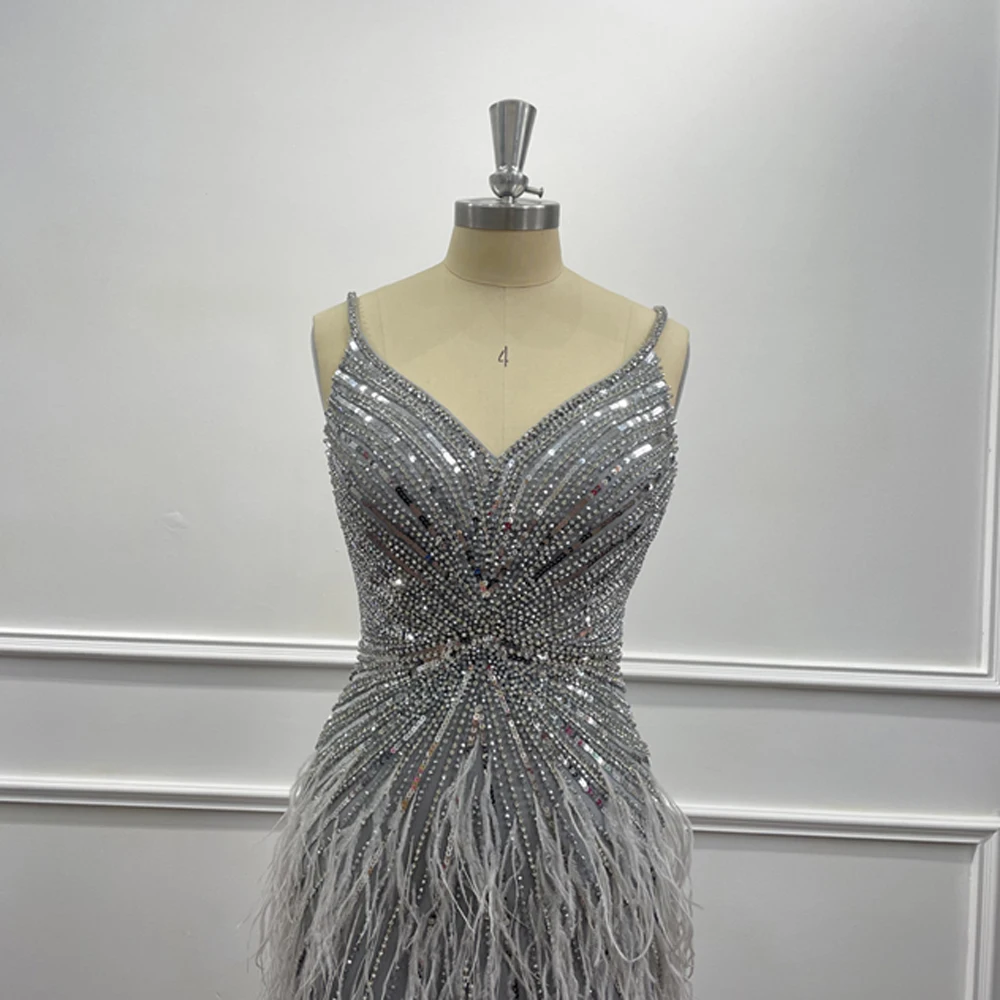 Gray Beaded Feathers Mermaid Evening Dresses For Women Sexy Spaghetti Straps Backless Pink Blue Luxury Arabic Formal Party Gowns